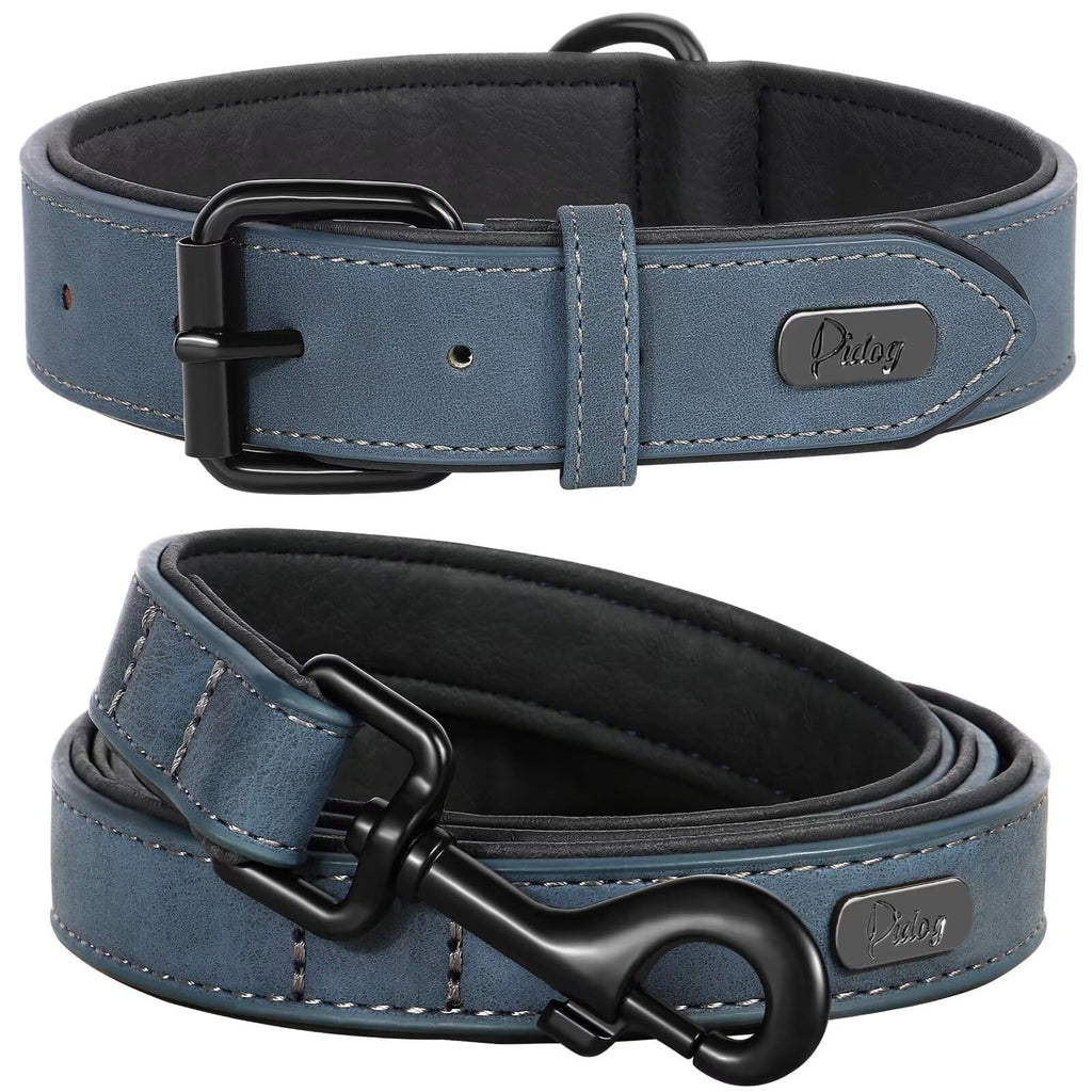 Didog Soft Padded Leather Dog Collar and Leash Set Heavy Duty Dog Leash and Collar Set with Metal Buckle Breathable Dog Collars with 4FT Leather Dog Leash for Small Dogs Blue S