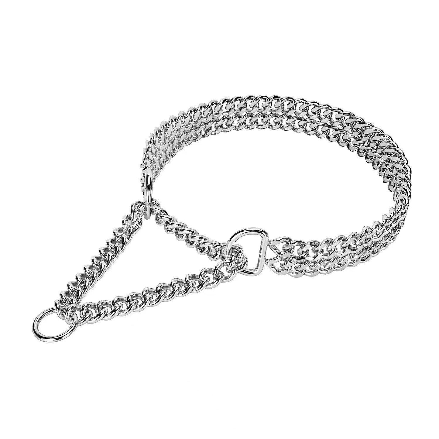 Silver Dog Chain Collar Stainless Steel Silver Dog Collar Adjustable Walking Metal Cuban Link Dog Collar Chew Proof Double Row Chain Dog Collar for Large Small Medium Dogs