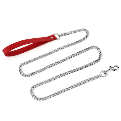 Metal Dog Leash,Chew Proof Pet Leash Chain with Leather Padded Handle & Alloy Hook for Small Large Medium Dogs Outdoor Training