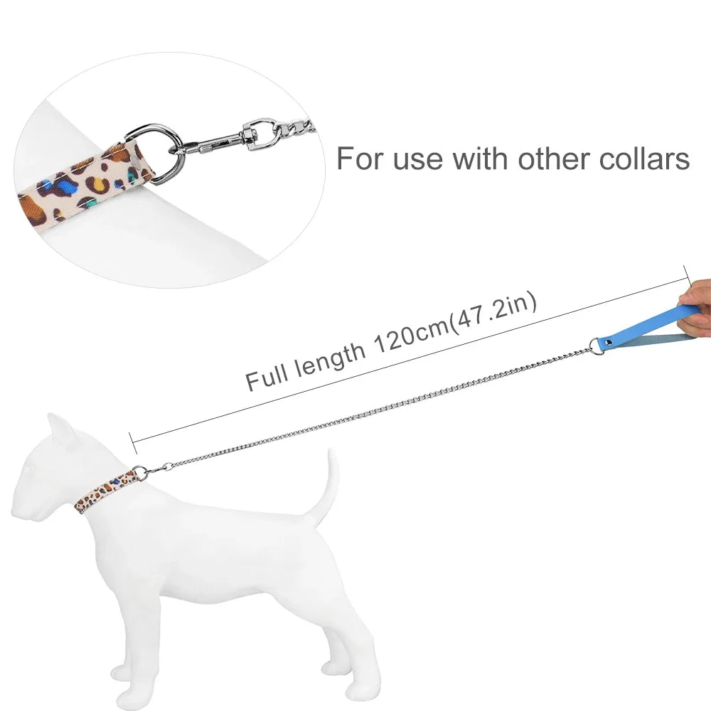 Metal Dog Leash,Chew Proof Pet Leash Chain with Leather Padded Handle & Alloy Hook for Small Large Medium Dogs Outdoor Training