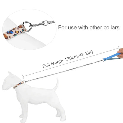 Metal Dog Leash,Chew Proof Pet Leash Chain with Leather Padded Handle & Alloy Hook for Small Large Medium Dogs Outdoor Training