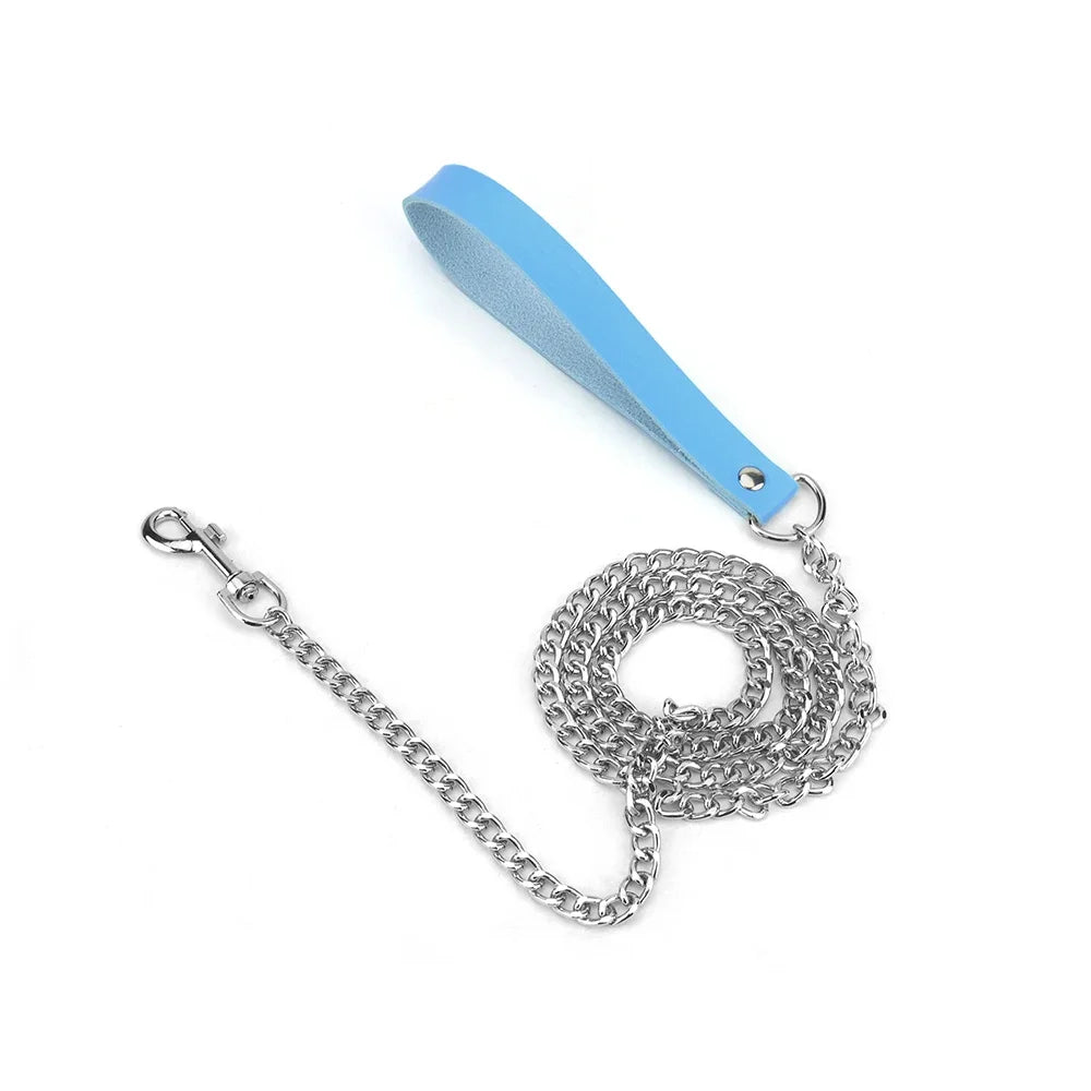 Metal Dog Leash,Chew Proof Pet Leash Chain with Leather Padded Handle & Alloy Hook for Small Large Medium Dogs Outdoor Training