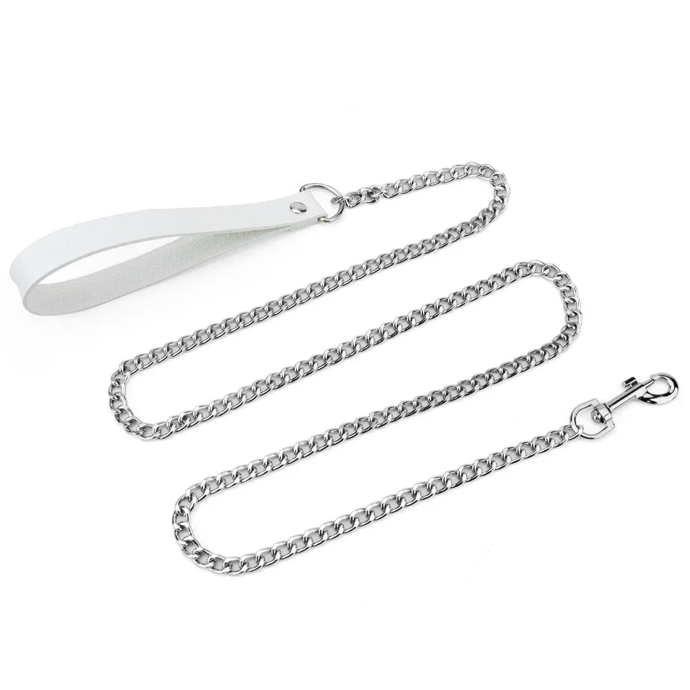 Metal Dog Leash,Chew Proof Pet Leash Chain with Leather Padded Handle & Alloy Hook for Small Large Medium Dogs Outdoor Training
