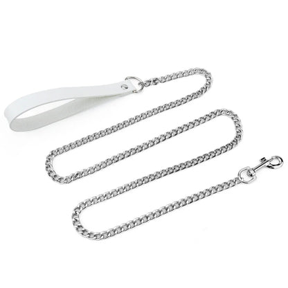 Metal Dog Leash,Chew Proof Pet Leash Chain with Leather Padded Handle & Alloy Hook for Small Large Medium Dogs Outdoor Training
