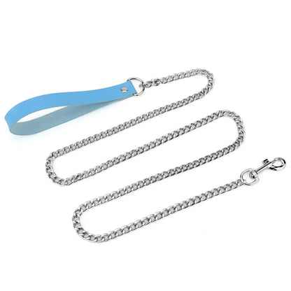 Metal Dog Leash,Chew Proof Pet Leash Chain with Leather Padded Handle & Alloy Hook for Small Large Medium Dogs Outdoor Training