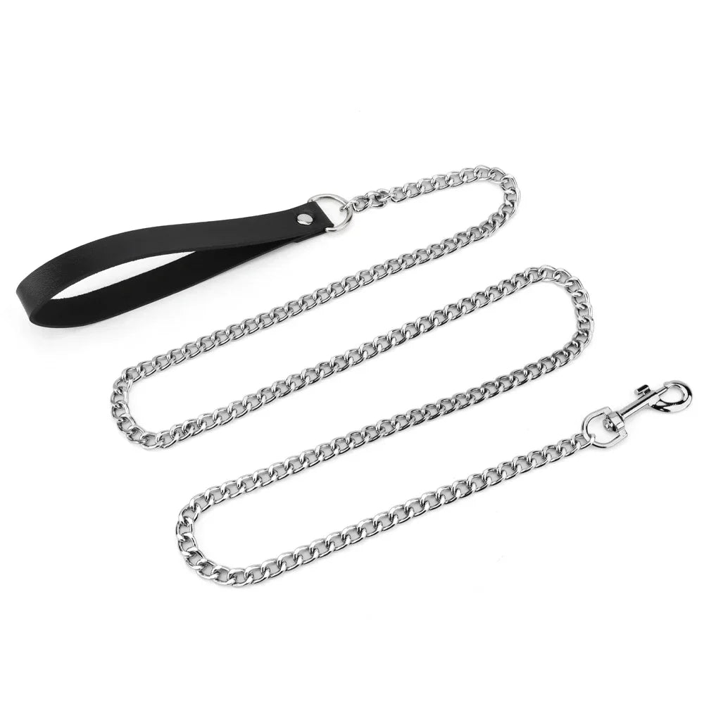 Metal Dog Leash,Chew Proof Pet Leash Chain with Leather Padded Handle & Alloy Hook for Small Large Medium Dogs Outdoor Training