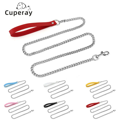 Metal Dog Leash,Chew Proof Pet Leash Chain with Leather Padded Handle & Alloy Hook for Small Large Medium Dogs Outdoor Training