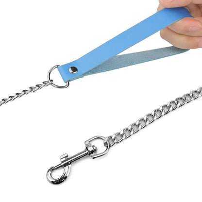 Metal Dog Leash,Chew Proof Pet Leash Chain with Leather Padded Handle & Alloy Hook for Small Large Medium Dogs Outdoor Training