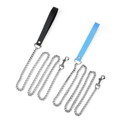 Metal Dog Leash,Chew Proof Pet Leash Chain with Leather Padded Handle & Alloy Hook for Small Large Medium Dogs Outdoor Training