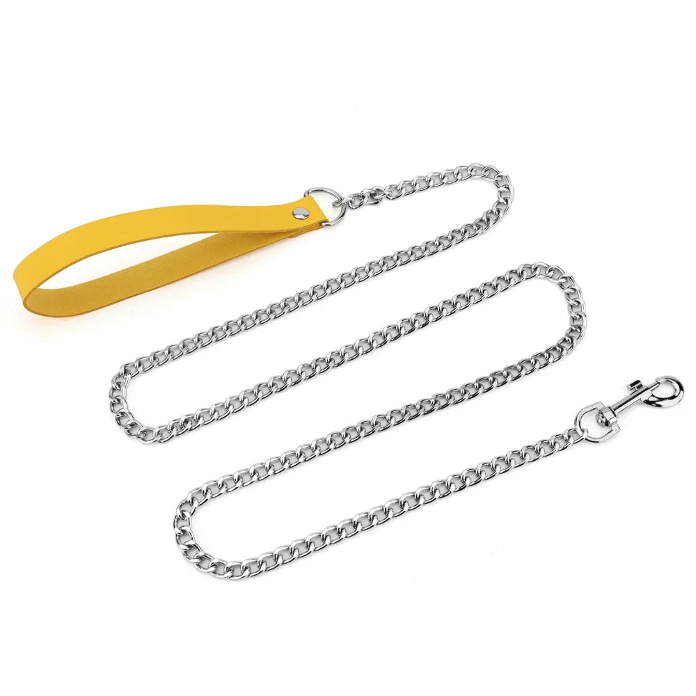 Metal Dog Leash,Chew Proof Pet Leash Chain with Leather Padded Handle & Alloy Hook for Small Large Medium Dogs Outdoor Training