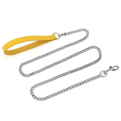 Metal Dog Leash,Chew Proof Pet Leash Chain with Leather Padded Handle & Alloy Hook for Small Large Medium Dogs Outdoor Training