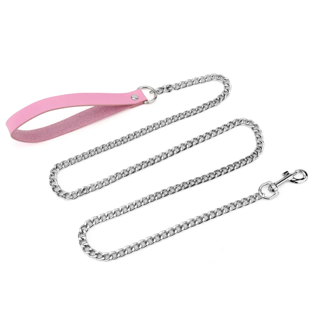Metal Dog Leash,Chew Proof Pet Leash Chain with Leather Padded Handle & Alloy Hook for Small Large Medium Dogs Outdoor Training